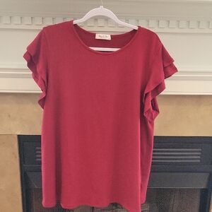Ruffle Sleeve Short-Sleeve Tee in Wine XL